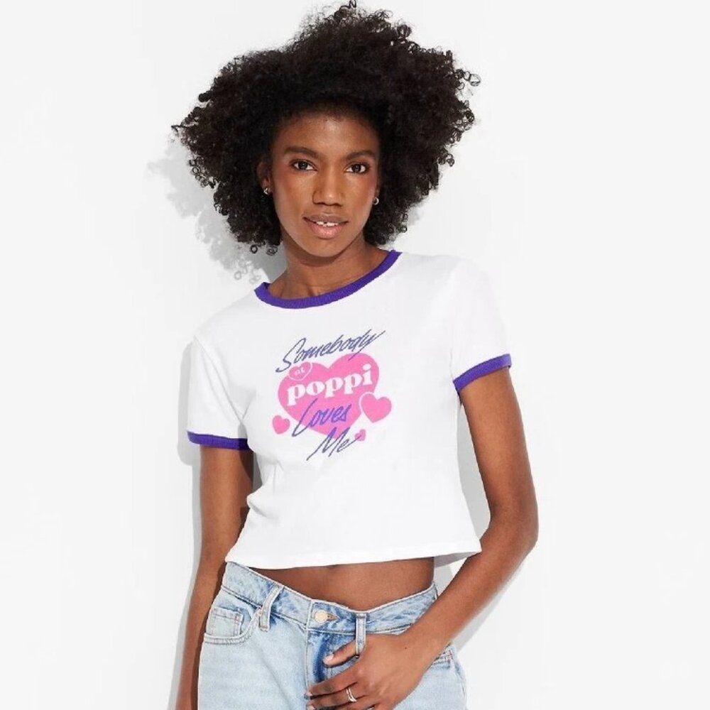 Poppi Women's Graphic T Shirt “Somebody at Poppi Loves Me" Cropped NEW WITH TAGS